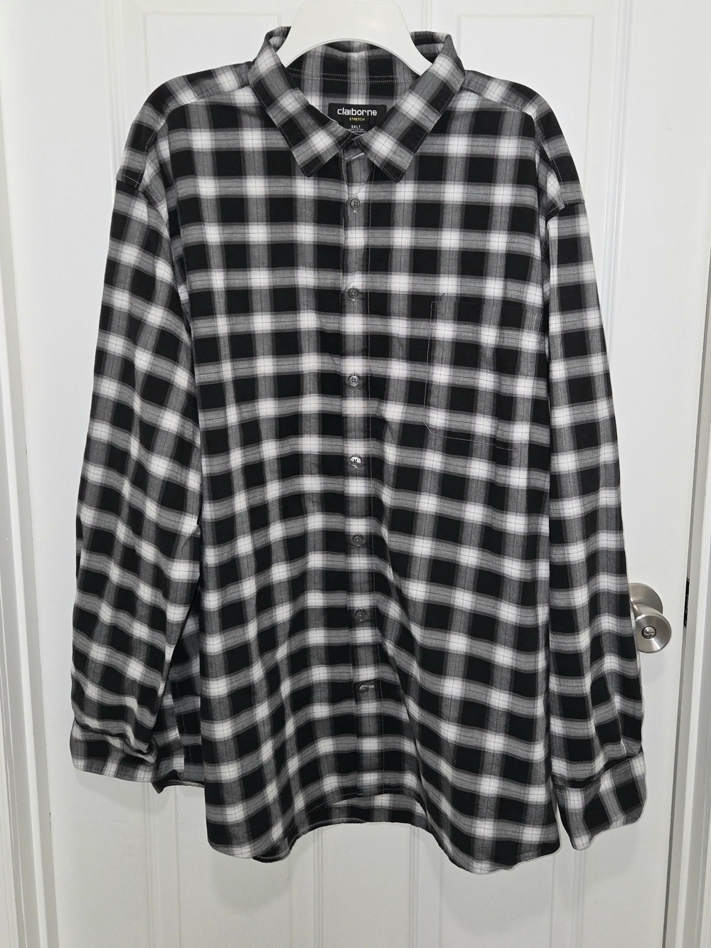 Claibore Stretch Black, Grey, White Plaid Long Sleeve Buton Down Shirt Size 3XLT